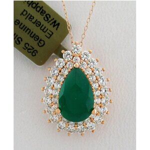 Genuine 1.58 Cts Emerald & White Sapphire Necklace .925 Silver (Rose)